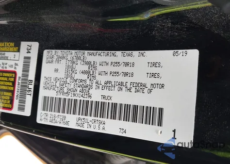 2019 Toyota Tundra Sr5 4.6L V8 z USA, uszkodzony, nr VIN 5TFRM5F19KX142396